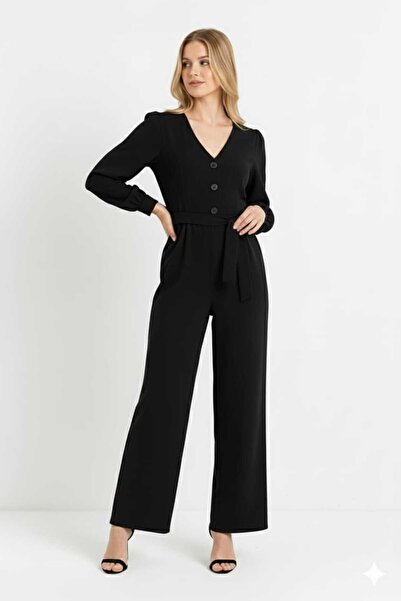 MF BUTİK Düğme Detaylı V Yaka Kuşaklı Abiye Tulum