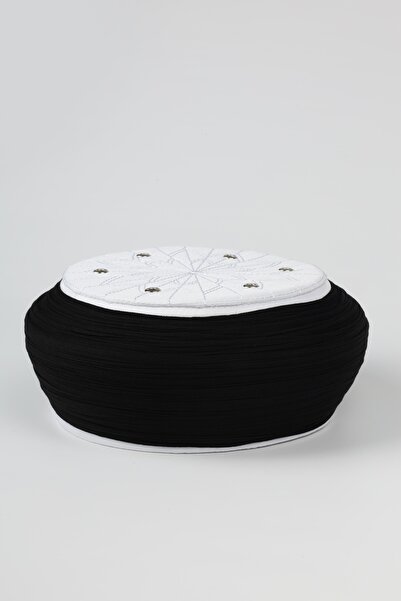 Sarıkhane Student Wrap - Black Fabric - White Headband - Round Wrap - Bird's Eye - 7 Meters