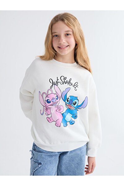 LC Waikiki Ecru Crew Neck Sweatshirt with Stitch and Angel Print for Girls