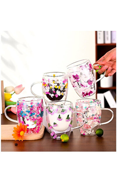 ÇARŞI HANEM Double Wall Glass Mug with Dried Flowers 350 ml Colorful Dried Flower Double Wall Glass Mug Cup