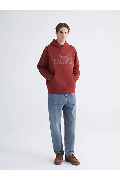 LC Waikiki Burgundy Printed Men's Thick Hoodie