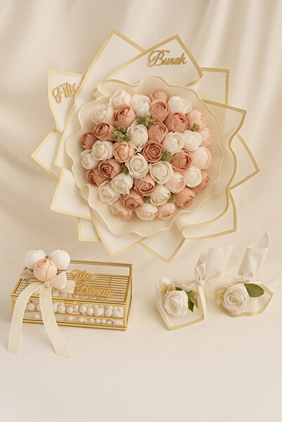 Mila Tasarım 41 adet Zarif Gül Buketi & Çikolata Hediye Kutusu – Krem & Şefta...