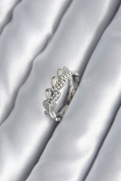 shopwave خاتم نسائي نحاسي فضي اللون على شكل قلب مزين باللؤلؤ