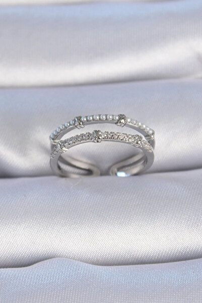 shopwave خاتم نسائي من النحاس الفضي اللون مرصع بالزركون واللؤلؤ