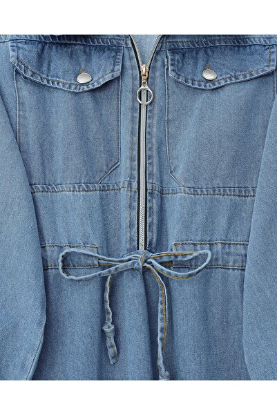 Modamorfo Τζιν φόρεμα με ελαστικό μανίκι, κορδόνι στη μέση και τσέπες - Μπλε