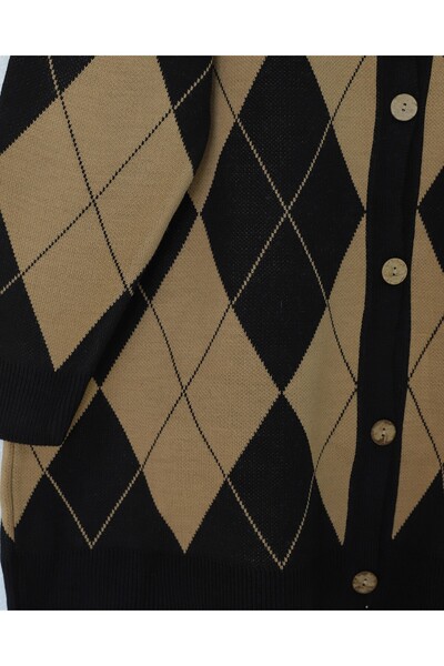 Modamorfo Buttoned Front Diamond Pattern Casual Knit Cardigan - Black