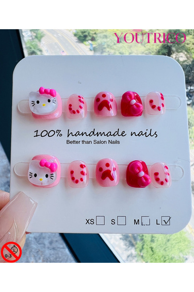 Youtrico Children's Fake Nails 100% Handmade Cartoon Green, Safe for 3+ ，L