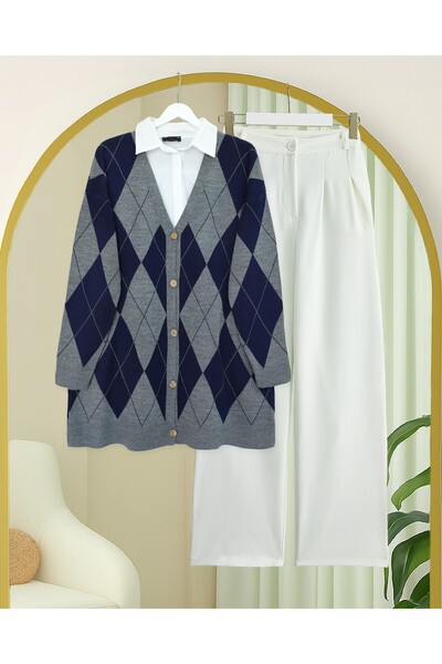 Modamorfo Buttoned Front Diamond Pattern Casual Knit Cardigan - Smoked
