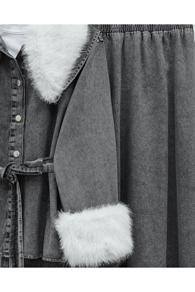 Modamorfo Peter Pan collar Denim Suit with Fur Collar and Sleeves and Belted Waist - Smoked