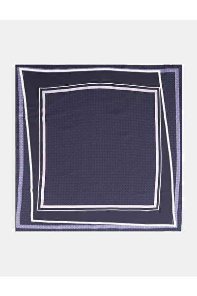 Kayra Monogram Detailed Geometric Pattern Silk Scarf Navy Blue