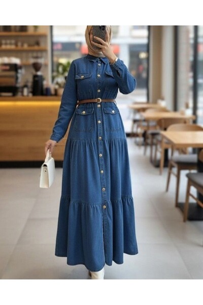 Modamorfo Τζιν φόρεμα με κουμπιά και ζώνη - Navy