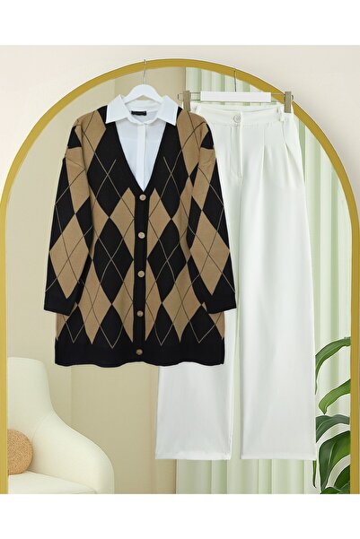 Modamorfo Buttoned Front Diamond Pattern Casual Knit Cardigan - Black