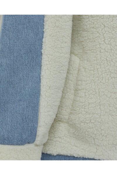 Modamorfo Denim Detailed Lined Plush Coat with Pockets - White