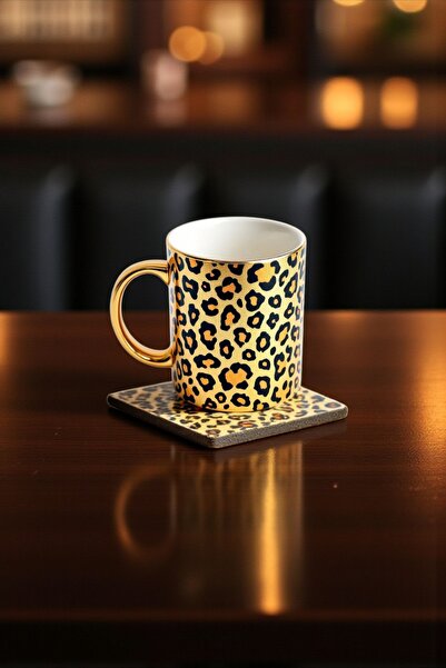 Gzl55 Leopar desenli Altlık ve leopar desenli Porselen Aynalı Gold - Altın Me...