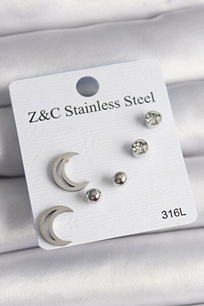 shopwave طقم أقراط نسائية من الفولاذ الفضي اللون 316L بحجر الزركون على شكل هلال