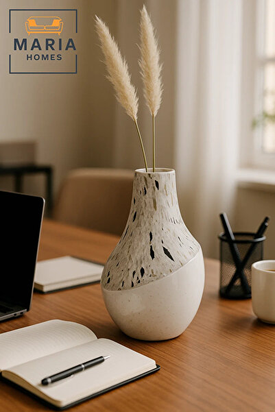 MARIA HOMES مزهرية من السيراميك اللامع والمزخرف باللونين الأبيض والأسود - أصي...