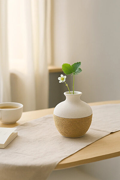 MARIA HOMES مزهرية سيراميك بيضاء مستديرة من الحبال - أصيص زهور عصري للديكور ا...