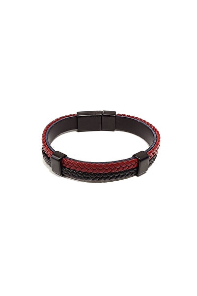 Herşey Nota Black Red Braided Genuine Leather Men's Bracelet |   Strong and Stylish Design with Magnetic Metal Buckle