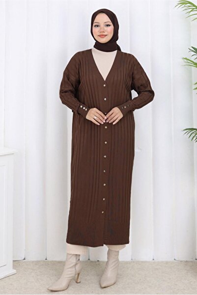 TRENDTESETTÜR Women's Brown Long Knit Cardigan t 7523