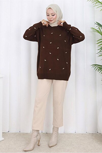 TRENDTESETTÜR Women's Brown Bow Patterned Knitwear Sweater t 1523