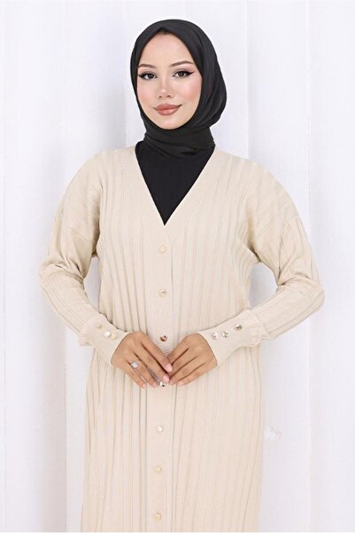 TRENDTESETTÜR Women's Beige (Stone) Long Knitwear Cardigan t 7523