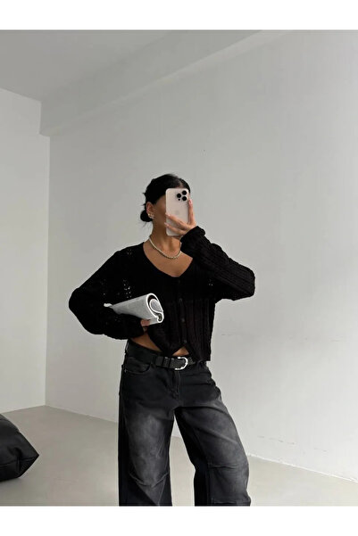 Butik Women's Black Perforated Knit Buttoned V-Neck Knitwear Cardigan