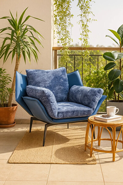 MARIA HOMES Blue Velvet & Leather Lounge Chair, Luxury Armchair for Living Room, Bedroom & Hotel Lobby