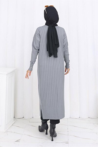 TRENDTESETTÜR Women's Gray Long Knit Cardigan t 7523