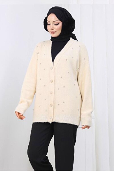 TRENDTESETTÜR Women's Beige (Stone) Stone Detail Cardigan t 80352