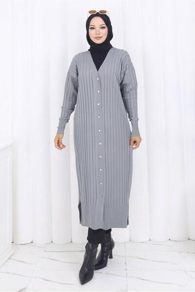 TRENDTESETTÜR Women's Gray Long Knit Cardigan t 7523