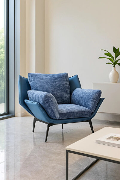 MARIA HOMES Blue Velvet & Leather Lounge Chair, Luxury Armchair for Living Room, Bedroom & Hotel Lobby