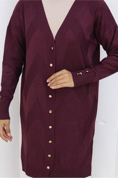 TRENDTESETTÜR Women's Burgundy Patterned Knitwear Cardigan t 3913