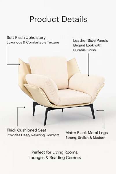MARIA HOMES Beige Velvet & Leather Lounge Chair, Luxury Armchair for Living Room, Bedroom & Office Cabin