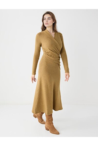 Jimmy Key Yağ Yeşili Kruvaze Yaka Yumuşak Dokulu Örme Midi Elbise