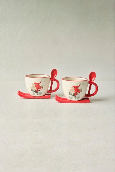 Karaca New Year's Snowboard 2-Person Tea Cup Set with Spoon 300 ml