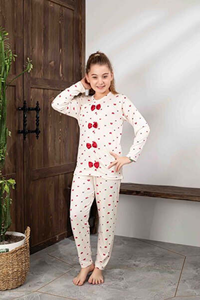 Tarık Women's Ribbed Knit Ecru Heart Pattern Crew Neck Long Sleeve Corded Fabric Pajama Set