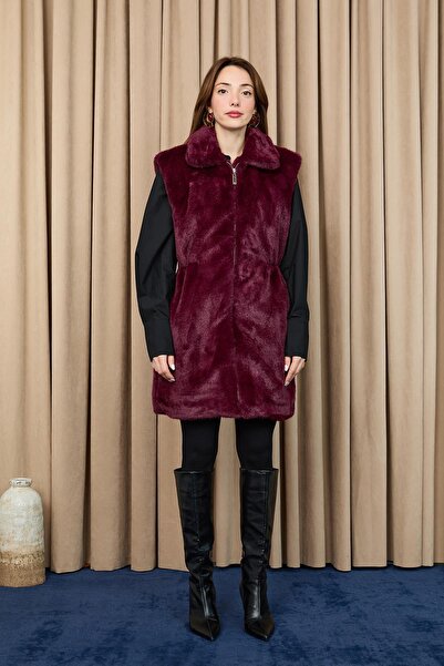 Puane Women's Hooded Elastic Waist Plush Vest - 15235Ylk - Damson