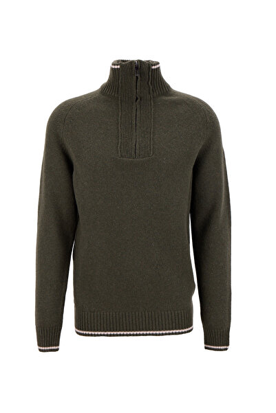 Fabrika Bato Yaka Slim Fit Düz Koyu Haki Erkek Kazak F5WM-KZK 2523