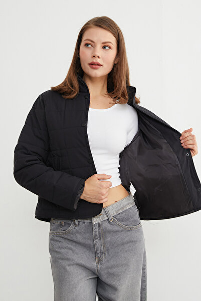 Fulla Moda Square Quilted Pattern Mock Neck Coat