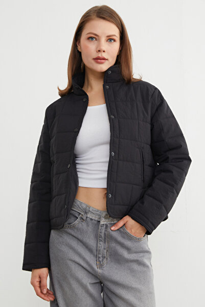 Fulla Moda Square Quilted Pattern Mock Neck Coat