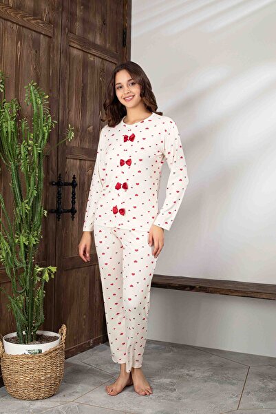 Tarık Women's Ribbed Knit Ecru Heart Pattern Crew Neck Long Sleeve Corded Fabric Pajama Set