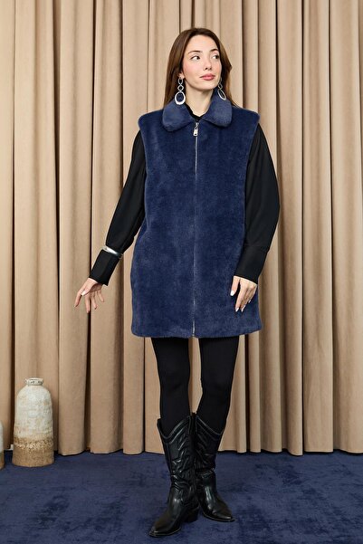 Puane Women's Zippered Plush Vest - 15238Ylk - Navy