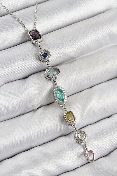 shopwave قلادة نسائية على شكل حجر الزركون الملون من النحاس باللون الفضي مكونة...