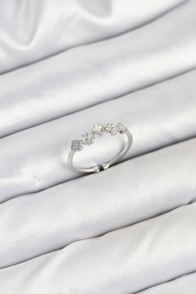 shopwave خاتم نسائي من النحاس الفضي اللون بتفاصيل البرسيم البسيطة