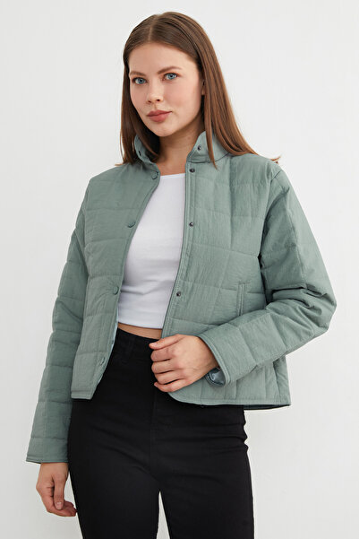 Fulla Moda Square Quilted Pattern Mock Neck Coat