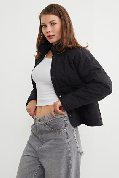 Fulla Moda Square Quilted Pattern Mock Neck Coat