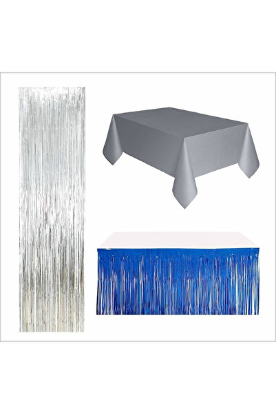 ZENVİVA Silver Tablecloth, Navy Blue Table Skirt, Silver Background