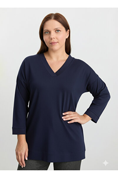 Selen V Yaka Düz Lacivert Kadın Bluz 25KSL8214