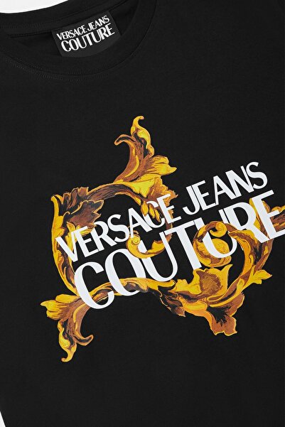 Versace Men's Regular Fit Baroque Patterned Letter Logo T-Shirt - Black/Gold