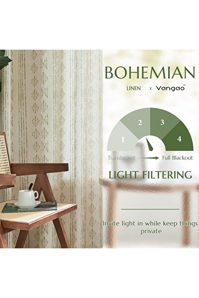 Vangaloo Vangao curtains with rings, beige with green geometric stripes, linen, 140 x 210cm